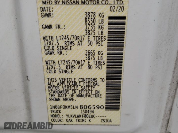2020 Nissan NV Cargo SV z VIN 1N6BF0KM5LN806590, wystawiony jako Copart lot #78617184 z przebiegiem 147 620 mil mil oraz Szkoda całkowita • Salvage title. Historia ofert i sprzedaży dostępna na DreamBid. Obrazek 13.