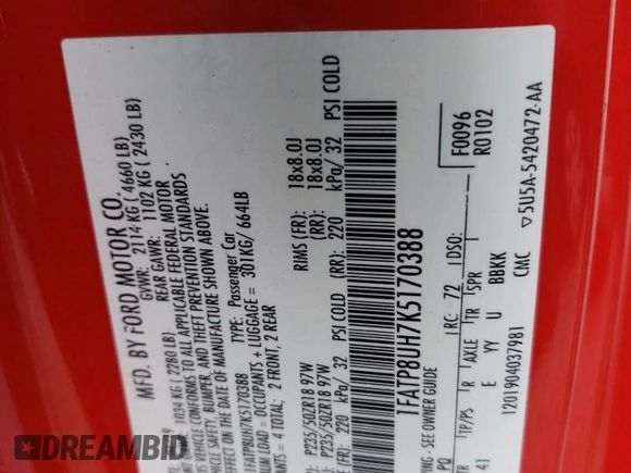 2019 Ford Mustang EcoBoost с VIN 1FATP8UH7K5170388, выставлен на аукционе Copart как лот 55011515 с пробегом 31 010 миль миль и Списание • Salvage title. История ставок и продаж доступна на DreamBid. Изображение 12.