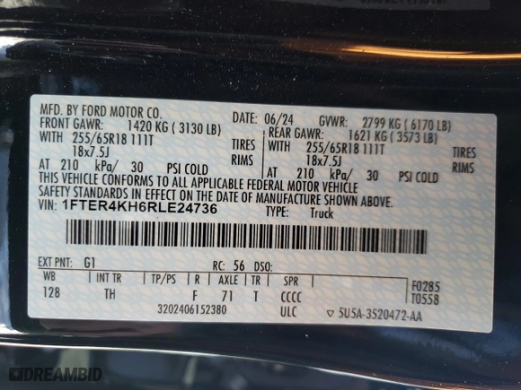 2024 Ford Ranger LARIAT with VIN 1FTER4KH6RLE24736, listed as a Copart auction lot 42259345 with 3,690 mi miles and Salvage Title. Bid and sale history available at carsss.com. Image 14.