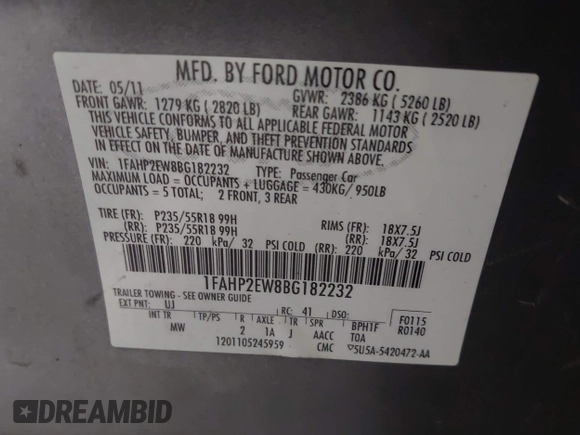 2011 Ford Taurus SEL with VIN 1FAHP2EW8BG182232, listed as a IAAI auction lot 42078860 with 255,787 mi miles and . Bid and sale history available at DreamBid. Image 9.
