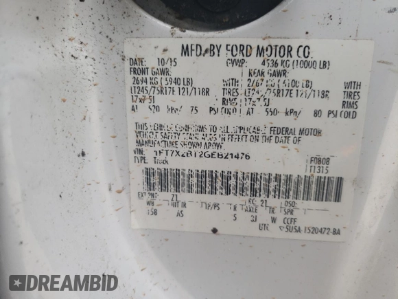 2016 Ford Super Duty F-250 SRW XLT with VIN 1FT7X2BT2GEB21476, listed as a Copart auction lot 67820354 with 368,733 mi miles and Non Repairable. Bid and sale history available at carsss.com. Image 12.