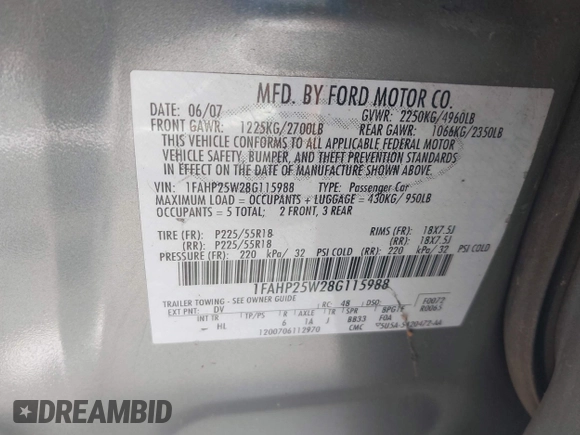 2008 Ford Taurus Limited z VIN 1FAHP25W28G115988, wystawiony jako IAAI lot #42726146 z przebiegiem 232 790 mil mil oraz . Historia ofert i sprzedaży dostępna na DreamBid. Obrazek 9.