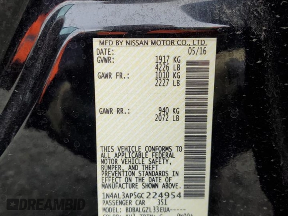 2016 Nissan Altima SV with VIN 1N4AL3AP5GC224954, listed as a Copart auction lot 46980535 with 95,693 mi miles and Salvage Title. Bid and sale history available at DreamBid. Image 13.