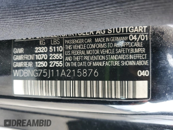 2001 Mercedes-Benz S-Class with VIN WDBNG75J11A215876, listed as a Copart auction lot 45164495 with 198,752 mi miles and Salvage Title. Bid and sale history available at carsss.com. Image 14.