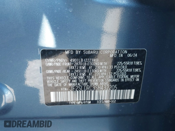 2025 Subaru Forester Limited with VIN JF2SLDRC3SH432205, listed as a IAAI auction lot 41308973 with 327 mi miles. Bid and sale history available at carsss.com. Image 9.