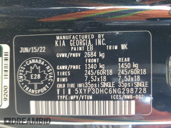 2022 Kia Telluride EX with VIN 5XYP3DHC6NG298728, listed as a Copart auction lot 77113074 with 27,690 mi miles and Salvage title. Bid and sale history available at DreamBid. Image 13.