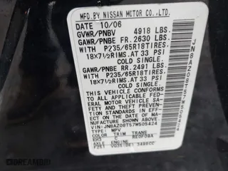 2007 Nissan Murano SL with VIN JN8AZ08T57W505424, listed as a IAAI auction lot 41560010 with 173,112 mi miles. Bid and sale history available at carsss.com. Image 9.
