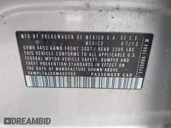 2013 Volkswagen Jetta TDI w/Sunroof & Nav with VIN 3VWPL7AJXDM600708, listed as a IAAI auction lot 42400339 with 177,588 mi miles and . Bid and sale history available at DreamBid. Image 9.