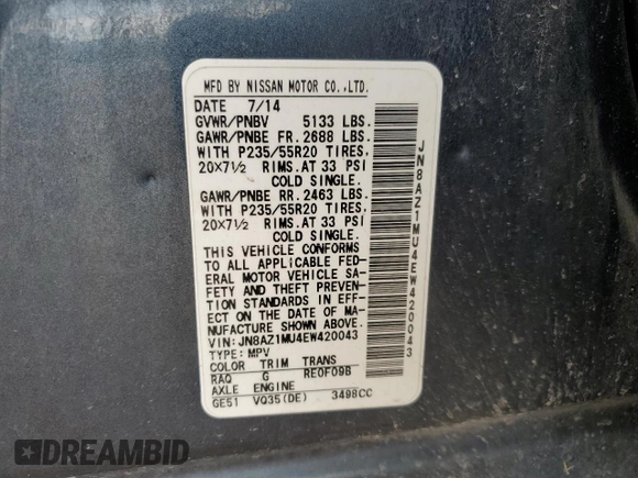2014 Nissan Murano SL with VIN JN8AZ1MU4EW420043, listed as a Copart auction lot 50423395 with 162,413 mi miles and Salvage Title. Bid and sale history available at carsss.com. Image 15.