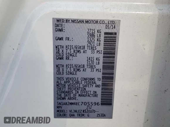 2014 Nissan Pathfinder S z VIN 5N1AR2MM4EC705596, wystawiony jako Copart lot #60879025 z przebiegiem 57 357 mil mil oraz Czysty tytuł • Clean title. Historia ofert i sprzedaży dostępna na DreamBid. Obrazek 13.