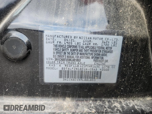 2021 Nissan Versa SV with VIN 3N1CN8EVXML881853, listed as a Copart auction lot 60497165 with 48,631 mi miles and Clean title. Bid and sale history available at DreamBid. Image 12.
