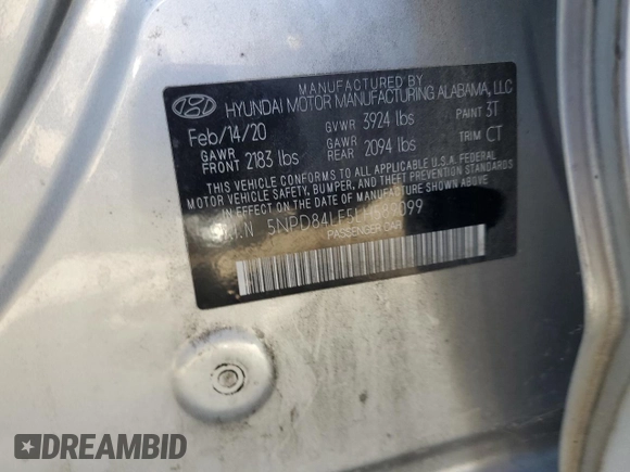 2020 Hyundai Elantra SEL with VIN 5NPD84LF5LH589099, listed as a Copart auction lot 61790105 with 99,990 mi miles and Salvage title. Bid and sale history available at DreamBid. Image 13.