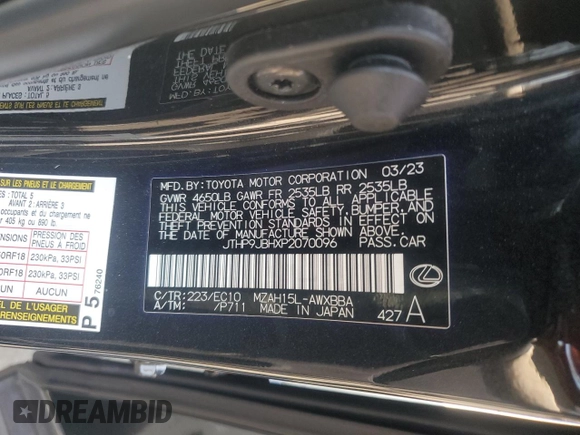 2023 Lexus UX 250h Premium с VIN JTHP9JBHXP2070096, выставлен на аукционе Copart как лот 65645035 с пробегом 9 748 миль миль и Списание • Salvage title. История ставок и продаж доступна на DreamBid. Изображение 12.