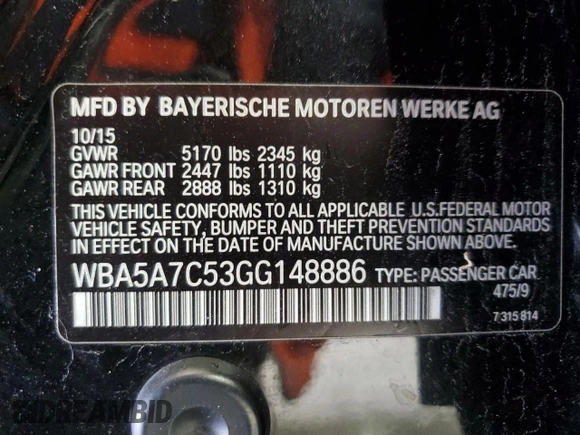 2016 BMW 5 Series 528i xDrive with VIN WBA5A7C53GG148886, listed as a Copart auction lot 46099925 with 155,113 mi miles and Salvage Title. Bid and sale history available at DreamBid. Image 14.