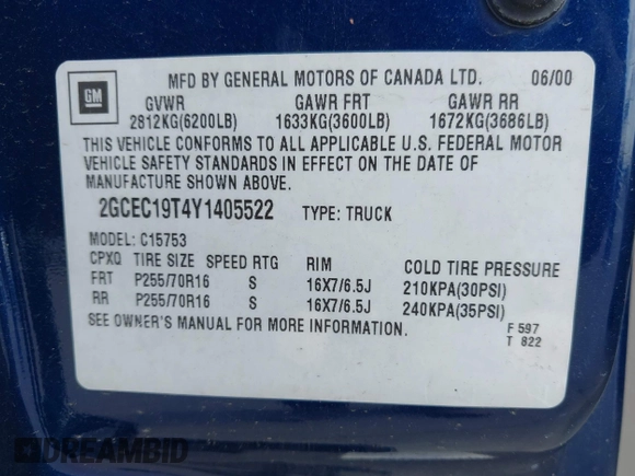 2000 Chevrolet Silverado 1500 LS with VIN 2GCEC19T4Y1405522, listed as a IAAI auction lot 42072973 with 140,293 mi miles and . Bid and sale history available at DreamBid. Image 9.
