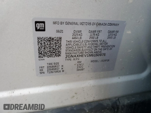 2021 Chevrolet Equinox LS z VIN 2GNAXHEV1M6160976, wystawiony jako Copart lot #54118495 z przebiegiem 58 473 mil mil oraz Szkoda całkowita • Salvage title. Historia ofert i sprzedaży dostępna na DreamBid. Obrazek 13.