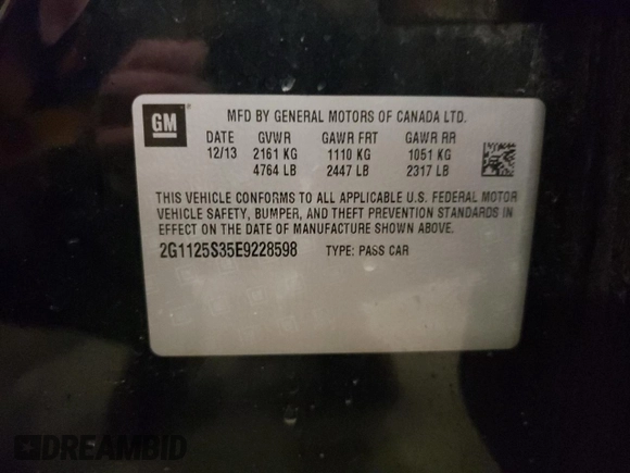 2014 Chevrolet Impala LT with VIN 2G1125S35E9228598, listed as a Copart auction lot 46658085 with 115,102 mi miles and Salvage Title. Bid and sale history available at DreamBid. Image 12.