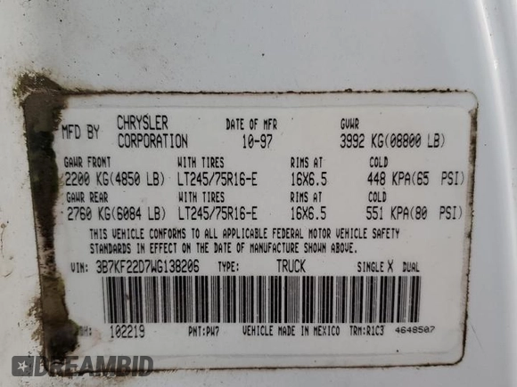 1998 Dodge Ram 2500 with VIN 3B7KF22D7WG138206, listed as a Copart auction lot 78652144 with 333,521 mi miles and Salvage Title. Bid and sale history available at carsss.com. Image 12.