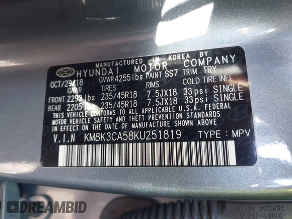 2019 Hyundai Kona Limited with VIN KM8K3CA58KU251819, listed as a IAAI auction lot 41811078 with 62,171 mi miles and . Bid and sale history available at DreamBid. Image 9.