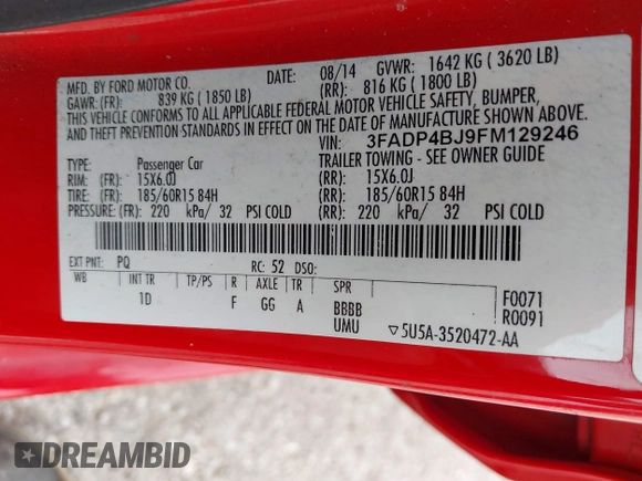 2015 Ford Fiesta SE with VIN 3FADP4BJ9FM129246, listed as a IAAI auction lot 42177812 with 87,925 mi miles. Bid and sale history available at carsss.com. Image 9.