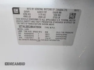 2011 GMC Terrain SLE-2 with VIN 2CTALSEC0B6470604, listed as a IAAI auction lot 41802272 with 100,185 mi miles. Bid and sale history available at carsss.com. Image 9.