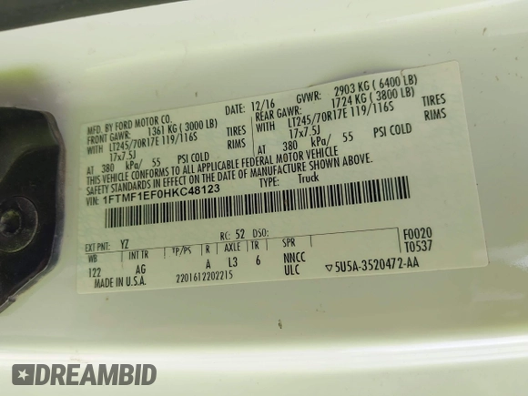 2017 Ford F-150 XL с VIN 1FTMF1EF0HKC48123, выставлен на аукционе IAAI как лот 42075954 с пробегом 69 466 миль миль и . История ставок и продаж доступна на DreamBid. Изображение 9.