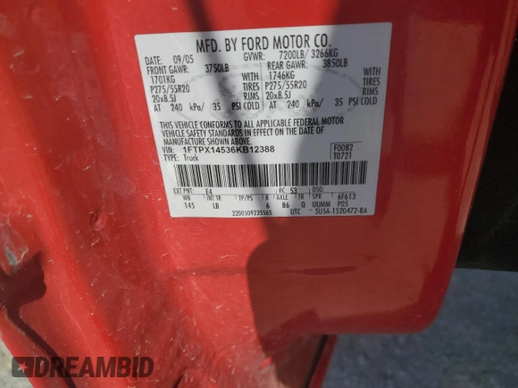 2006 Ford F-150 XLT с VIN 1FTPX14536KB12388, выставлен на аукционе Copart как лот 52755325 с пробегом 259 478 миль миль и Списание • Salvage title. История ставок и продаж доступна на DreamBid. Изображение 13.