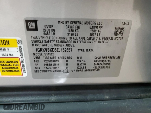 2014 GMC Acadia SLT with VIN 1GKKVSKD5EJ152657, listed as a Copart auction lot 58660255 with 184,295 mi miles and Clean title. Bid and sale history available at DreamBid. Image 13.