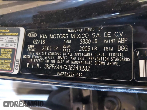 2018 Kia Forte LX with VIN 3KPFK4A7XJE243282, listed as a IAAI auction lot 41688706 with 45,192 mi miles and . Bid and sale history available at DreamBid. Image 9.