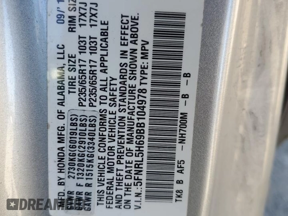 2011 Honda Odyssey EX-L with VIN 5FNRL5H69BB104978, listed as a Copart auction lot 52332375 with 221,526 mi miles and Non Repairable. Bid and sale history available at DreamBid. Image 13.
