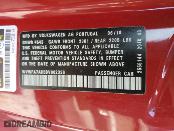2011 Volkswagen Eos Lux с VIN WVWFA7AH5BV002336, выставлен на аукционе Copart как лот 55287125 с пробегом 95 124 миль миль и Списание • Salvage title. История ставок и продаж доступна на DreamBid. Изображение 12.
