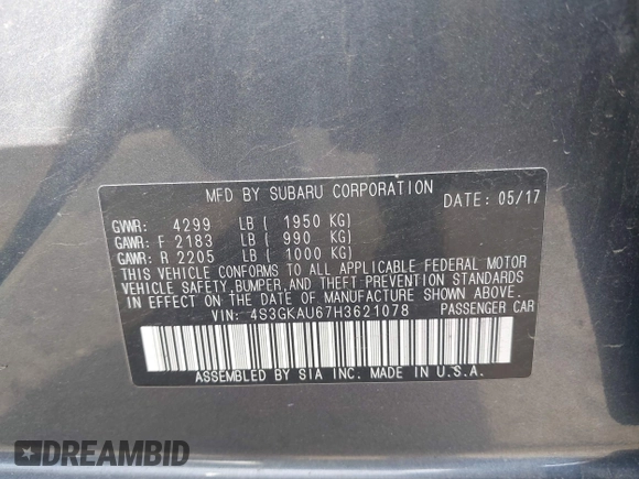 2017 Subaru Impreza Limited with VIN 4S3GKAU67H3621078, listed as a IAAI auction lot 42767983 with 161,749 mi miles and . Bid and sale history available at DreamBid. Image 9.
