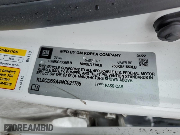 2022 Chevrolet Spark 1LT with VIN KL8CD6SA4NC021765, listed as a Copart auction lot 48881135 with 36,098 mi miles and Salvage Title. Bid and sale history available at carsss.com. Image 15.