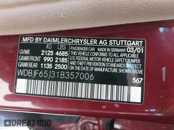 2001 Mercedes-Benz E 320 z VIN WDBJF65J31B357006, wystawiony jako IAAI lot #42428345 z przebiegiem 103 239 mil mil oraz . Historia ofert i sprzedaży dostępna na DreamBid. Obrazek 9.