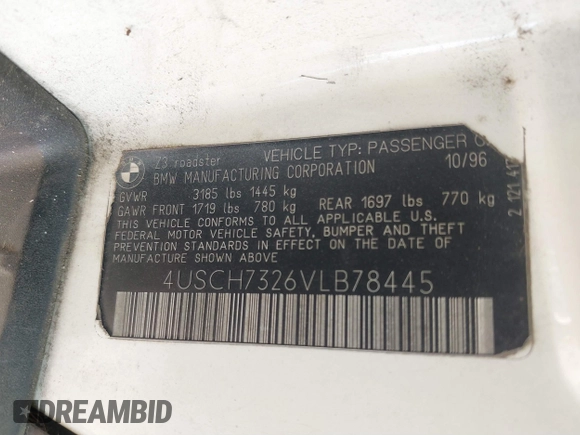 1997 BMW 3 Series 1.9L with VIN 4USCH7326VLB78445, listed as a IAAI auction lot 41447223 with 1 mi miles. Bid and sale history available at carsss.com. Image 9.