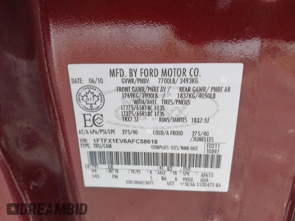 2010 Ford F-150 XL with VIN 1FTFX1EV6AFC58618, listed as a IAAI auction lot 42029696 with 128,258 mi miles. Bid and sale history available at carsss.com. Image 8.