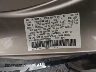 2005 Honda CR-V LX with VIN JHLRD68565C001659, listed as a IAAI auction lot 42162314 with 155,212 mi miles and . Bid and sale history available at carsss.com. Image 9.