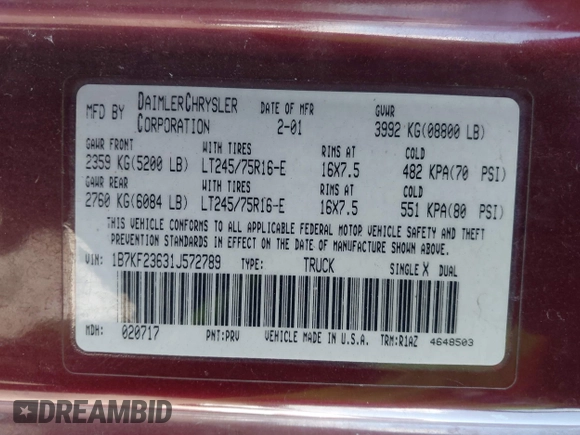 2001 Dodge Ram 2500 with VIN 1B7KF23631J572789, listed as a IAAI auction lot 41508578 with 275,662 mi miles. Bid and sale history available at carsss.com. Image 9.