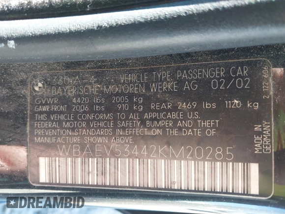 2002 BMW 3 Series 330i with VIN WBAEV53442KM20285, listed as a IAAI auction lot 41513330 with 239,374 mi miles and . Bid and sale history available at DreamBid. Image 9.