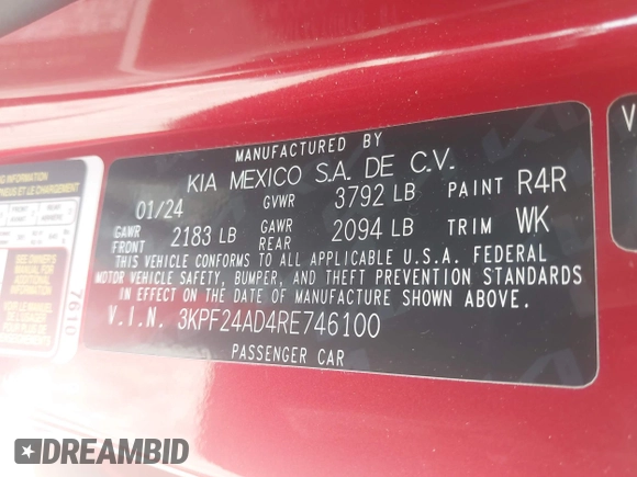 2024 Kia Forte LXS z VIN 3KPF24AD4RE746100, wystawiony jako IAAI lot #42257968 z przebiegiem 34 015 mil mil oraz . Historia ofert i sprzedaży dostępna na DreamBid. Obrazek 9.