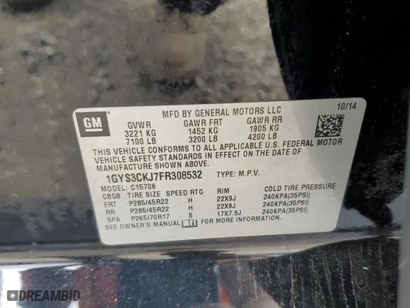 2015 Cadillac Escalade Premium with VIN 1GYS3CKJ7FR308532, listed as a Copart auction lot 53882145 with 139,182 mi miles and Clean Title. Bid and sale history available at carsss.com. Image 13.