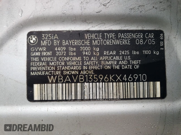 2006 BMW 3 Series 325i z VIN WBAVB13596KX46910, wystawiony jako Copart lot #60641585 z przebiegiem Nie podano mil oraz Nie do naprawy • Non repairable. Historia ofert i sprzedaży dostępna na DreamBid. Obrazek 12.