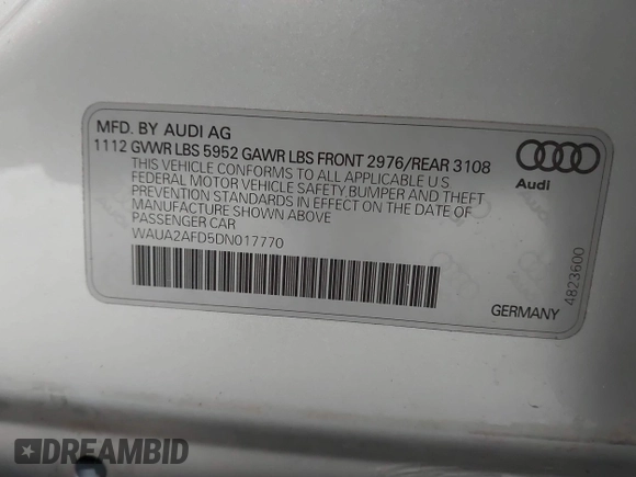 2013 Audi A8 4.0L с VIN WAUA2AFD5DN017770, выставлен на аукционе IAAI как лот 41255625 с пробегом 115 993 миль миль и . История ставок и продаж доступна на DreamBid. Изображение 9.