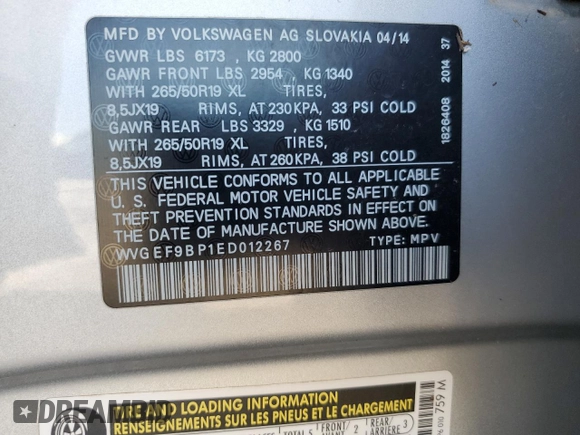 2014 Volkswagen Touareg Lux with VIN WVGEF9BP1ED012267, listed as a Copart auction lot 58924055 with 81,009 mi miles and Salvage title. Bid and sale history available at DreamBid. Image 13.