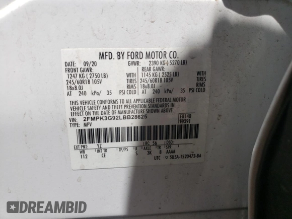 2020 Ford Edge SE z VIN 2FMPK3G92LBB28625, wystawiony jako Copart lot #57862435 z przebiegiem 80 288 mil mil oraz Szkoda całkowita • Salvage title. Historia ofert i sprzedaży dostępna na DreamBid. Obrazek 13.