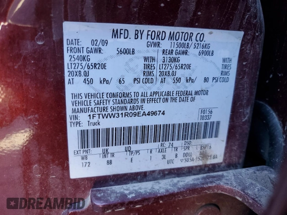 2009 Ford F-350 XL z VIN 1FTWW31R09EA49674, wystawiony jako Copart lot #42776865 z przebiegiem 229 827 mil mil oraz Czysty tytuł • Clean title. Historia ofert i sprzedaży dostępna na DreamBid. Obrazek 12.