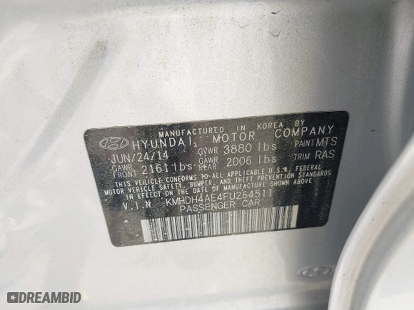 2015 Hyundai Elantra Limited with VIN KMHDH4AE4FU264511, listed as a IAAI auction lot 42060996 with 393,303 mi miles. Bid and sale history available at carsss.com. Image 9.