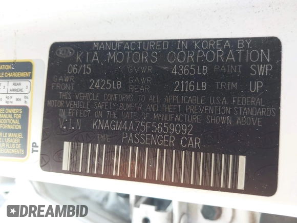 2015 Kia Optima LX with VIN KNAGM4A75F5659092, listed as a IAAI auction lot 42048013 with 191,446 mi miles. Bid and sale history available at carsss.com. Image 9.