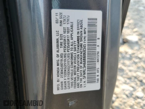 2011 Honda Odyssey EX-L with VIN 5FNRL5H68BB068345, listed as a Copart auction lot 44045635 with 181,164 mi miles and Salvage Title. Bid and sale history available at DreamBid. Image 14.