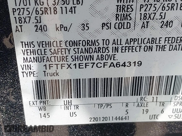 2012 Ford F-150 XL with VIN 1FTFX1EF7CFA64319, listed as a IAAI auction lot 42565910 with 192,989 mi miles and . Bid and sale history available at DreamBid. Image 9.